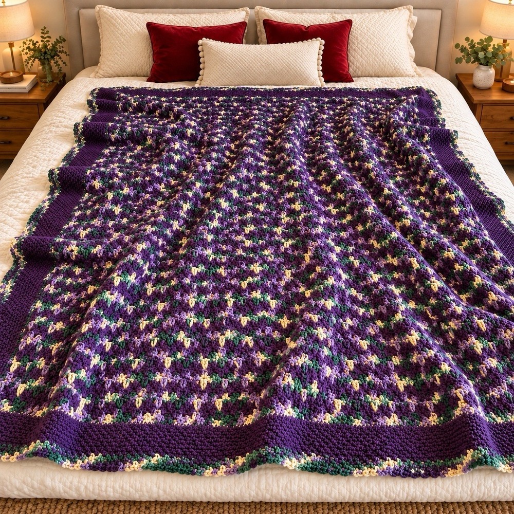 Vintage Handmade Crochet Afghan Purple Sage Green & Cream Weighty Blanket 60x97